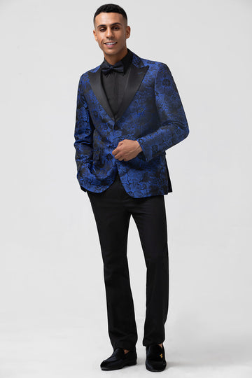Royal Blue Peak Lapel Jacquard Men's Blazer